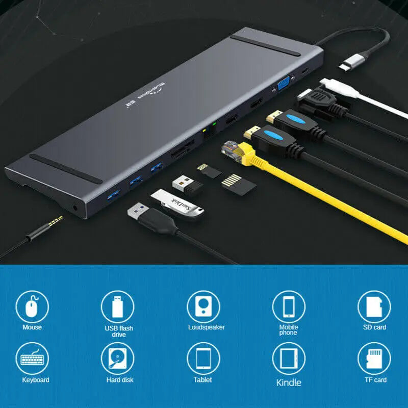 11 in 1 Type-c Docking Station Dual HDMI VGa Usb3.0 Hub Converter Adapter