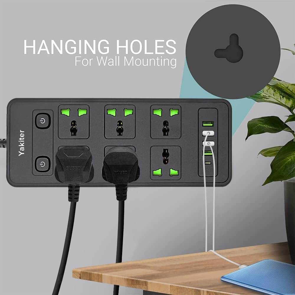 11-in-1 power strip with 6 AC outlets and USB ports, featuring wall mounting holes for convenience.