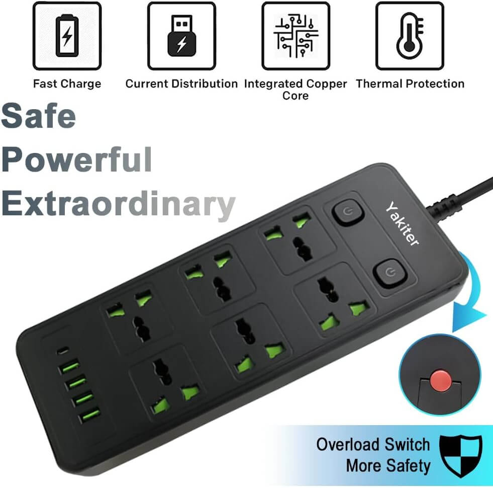 11-in-1 universal power strip with USB ports, thermal protection, overload switch, and integrated copper core.