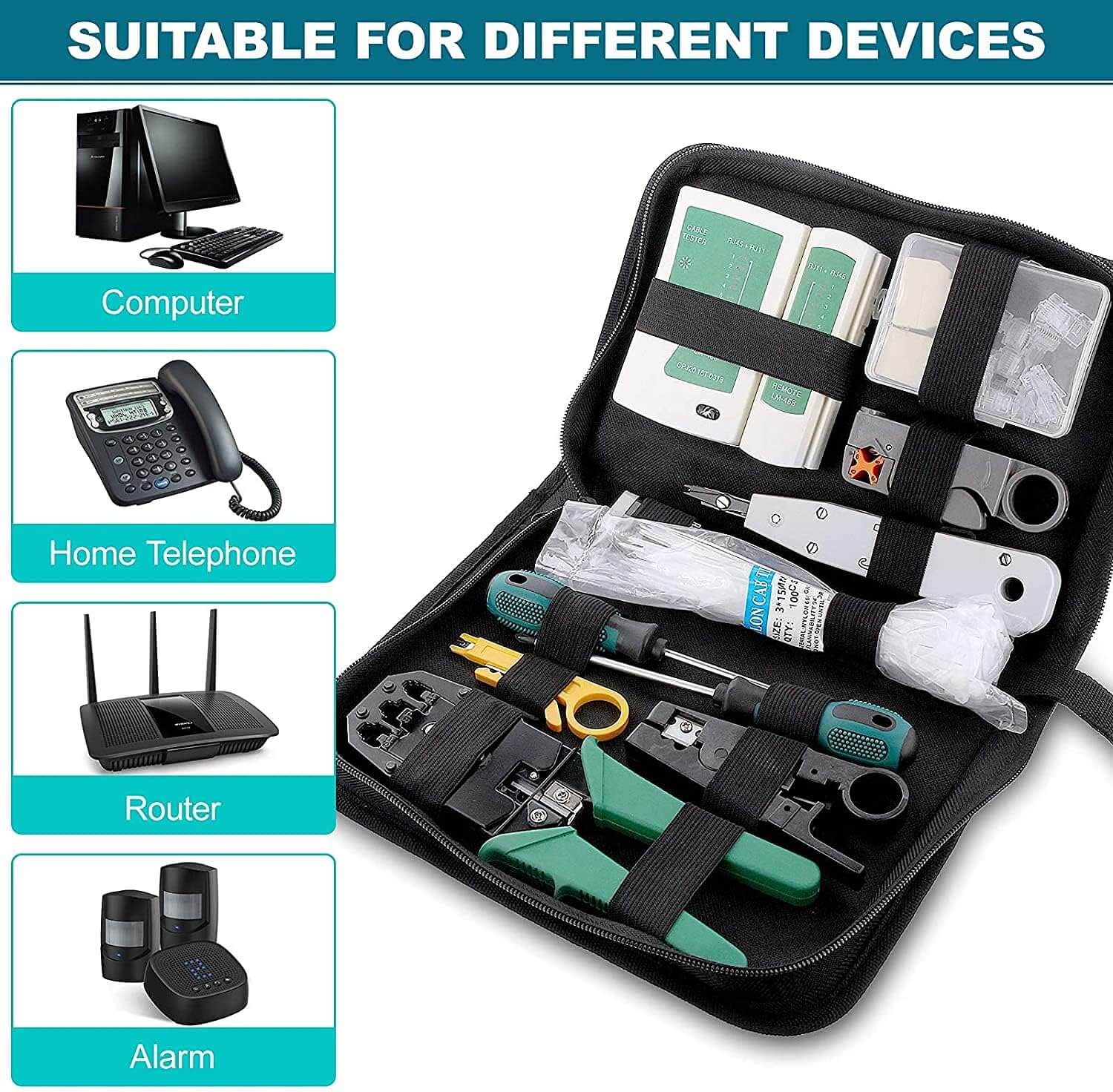 18 in 1 Network Repair Tools Professional Network Cable Tester Kit Network Maintenance Kit for RJ11 / 12/45 Network Crimper Tool with 17 Connectors and 2M Network Cableconsumables