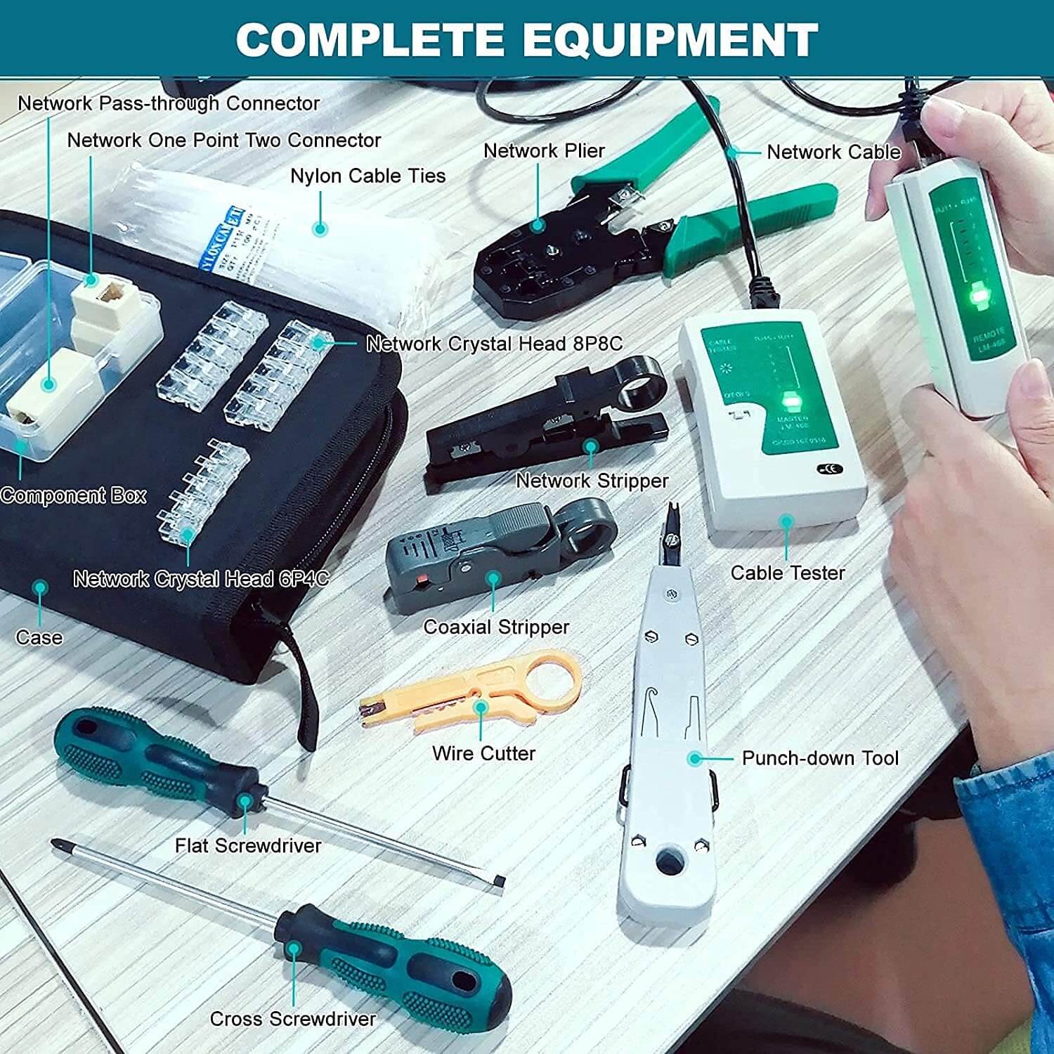 18 in 1 Network Repair Tools Professional Network Cable Tester Kit Network Maintenance Kit for RJ11 / 12/45 Network Crimper Tool with 17 Connectors and 2M Network Cableconsumables