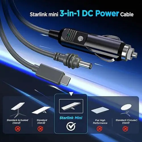 3 in 1 Starlink Mini Cable 10FT/ 3M High-Speed USB C/Car Charger/DC to DC Replacement Waterproof Extension Power