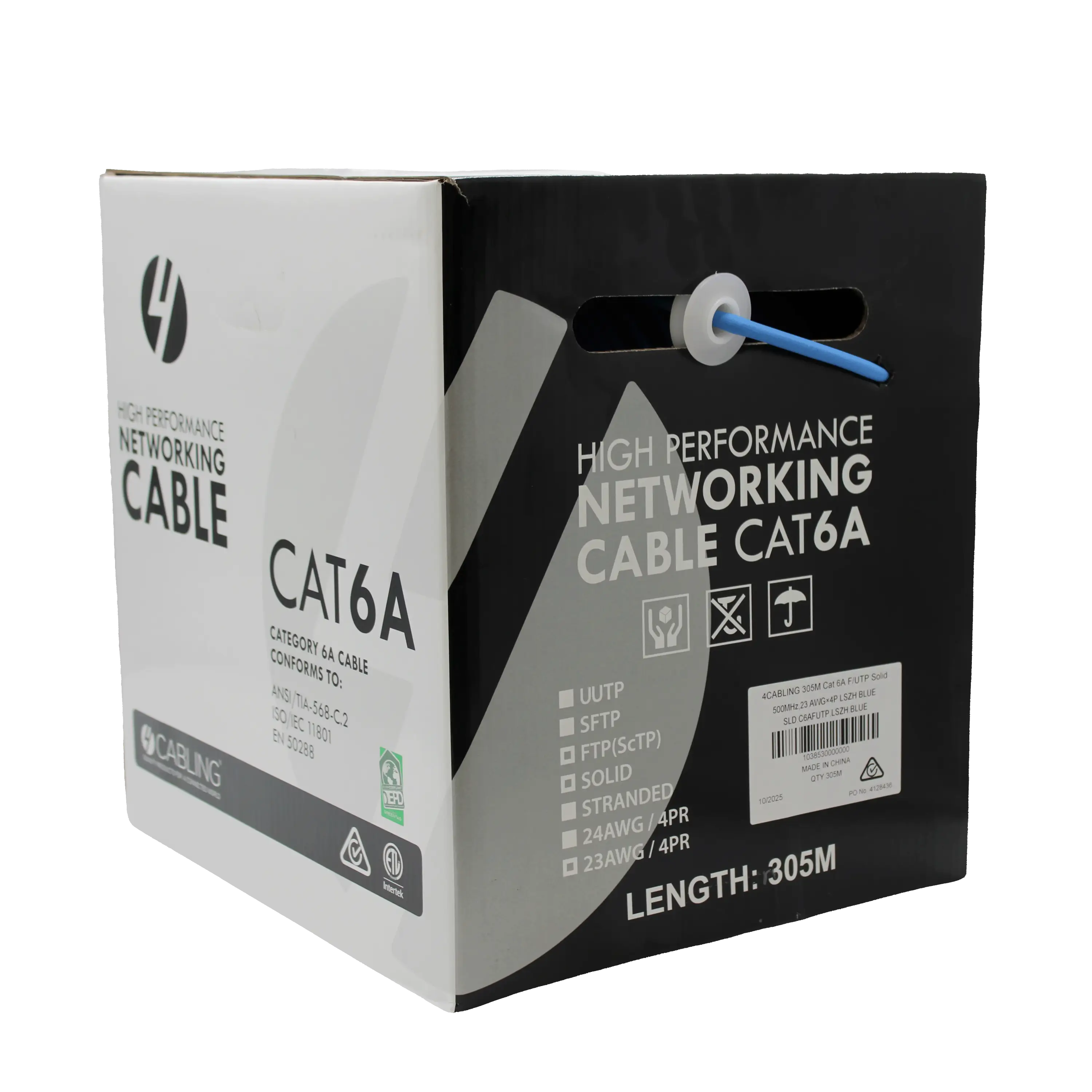 4C | Cat 6A F/UTP LSZH Cable Roll 305m: 23AWGx4P | Supplied on Plastic Reel - BLUE