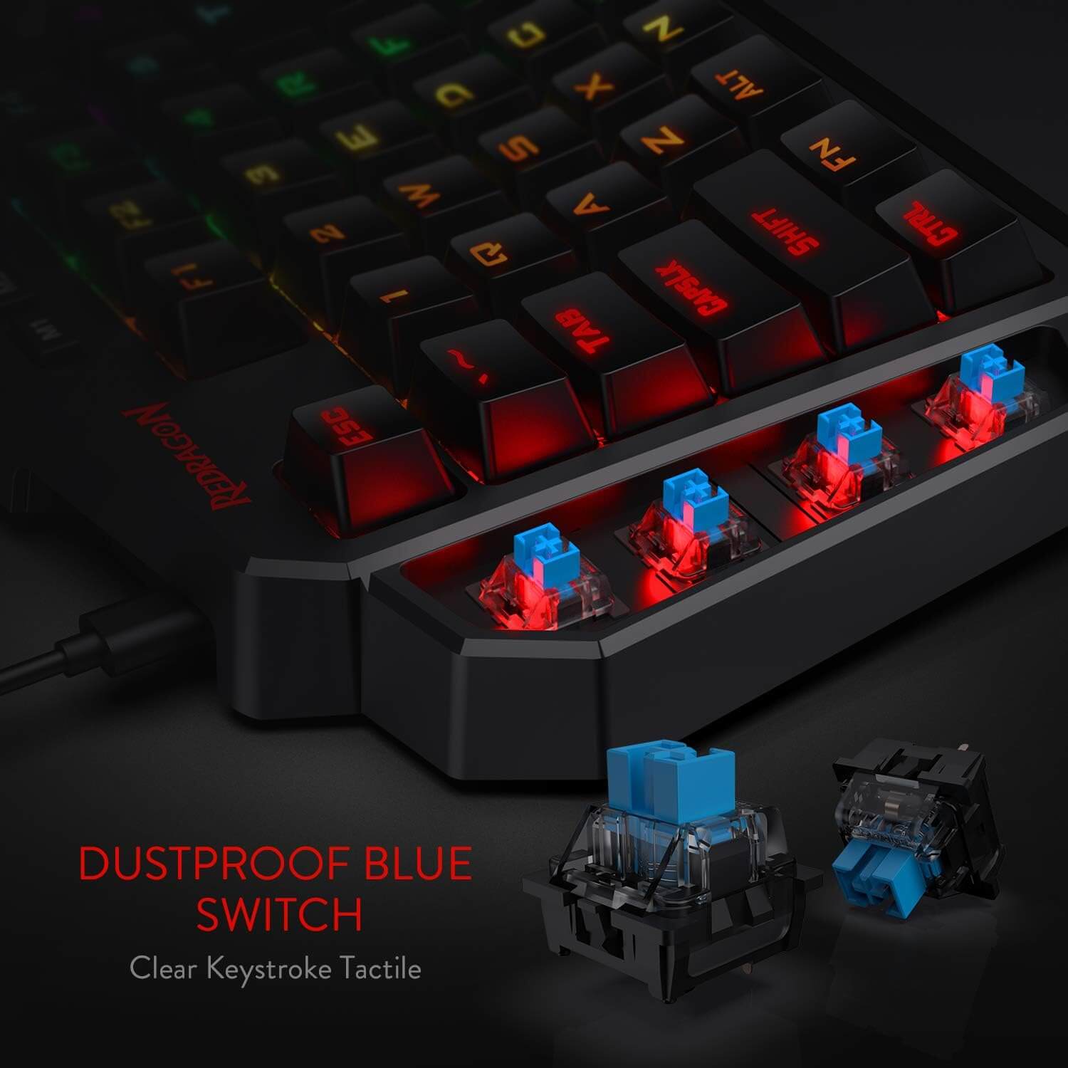 Redragon K585 DITI One-Handed RGB Mechanical Gaming Keyboard, Blue Switches, Type-C Professional Gaming Keypad with 7 Onboard Macro Keys, Detachable Wrist Rest, 42 Keys Redragon