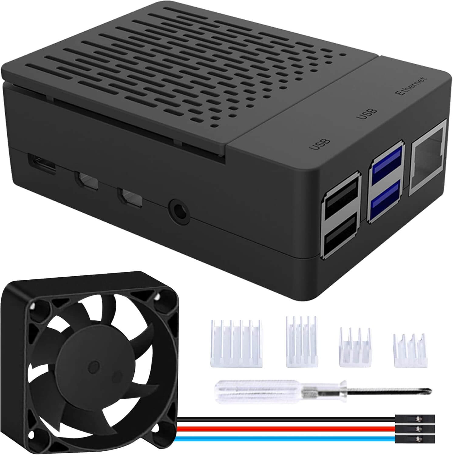 PC Mart Case for Raspberry Pi 4, Fan for Raspberry Pi 4 ABS Case with PWM Cooling Fan 40X40X10mm and 4pcs Heatsink for Raspberry Pi 4 Model B (Black with Large Fan)