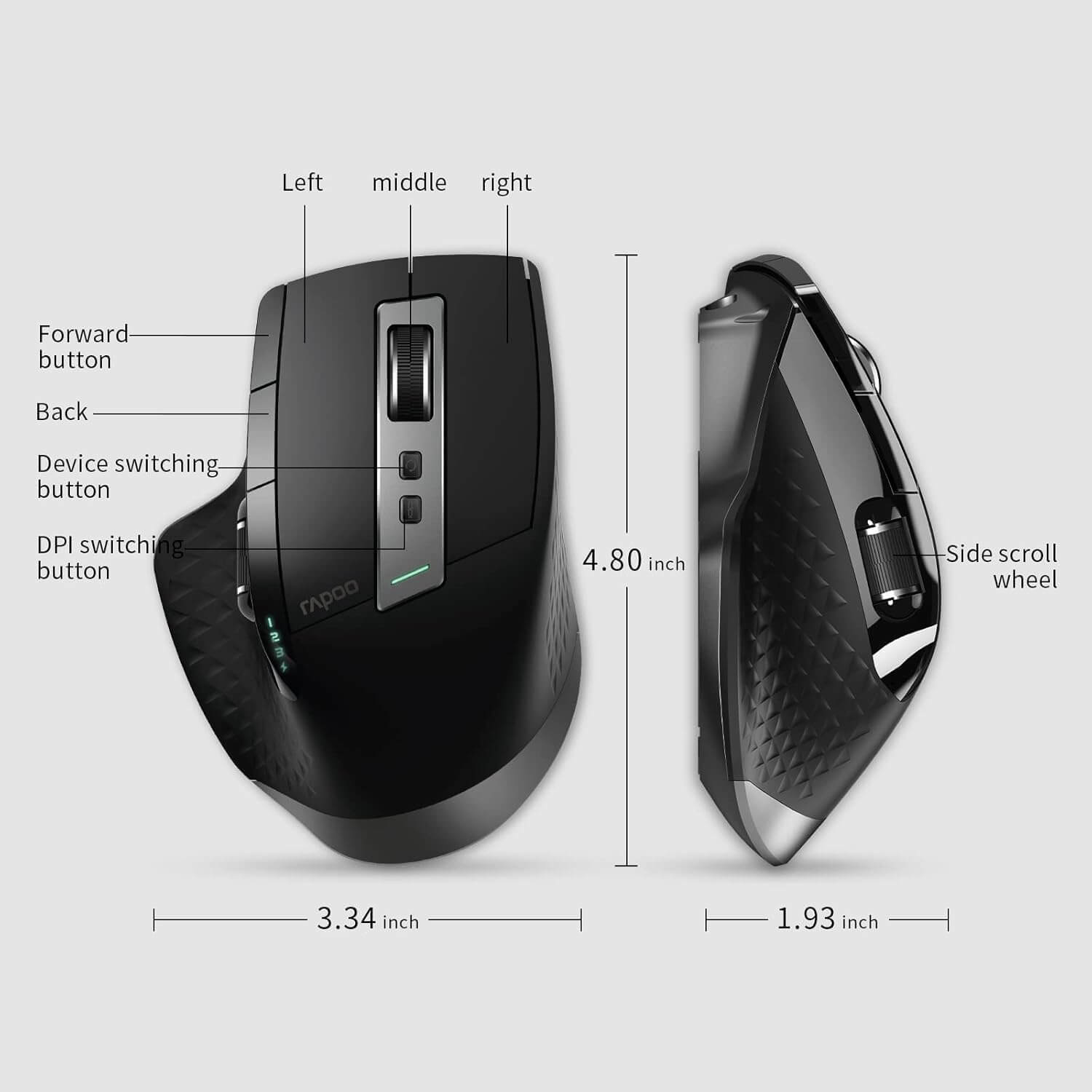 RAPOO MT750 Wireless Mouse Multi-Device (Multi-Mode:BT 5.0/4.0/3.0+2.4Ghz) Laser Mouse, 8 Programmable Buttons, Ergonomic Portable Mouse for Laptop Android Windows Mac OS, Black