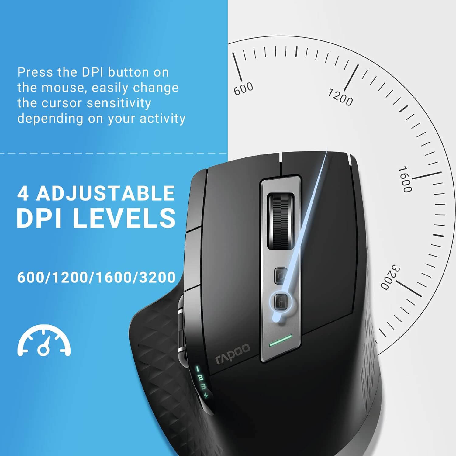 RAPOO MT750 Wireless Mouse Multi-Device (Multi-Mode:BT 5.0/4.0/3.0+2.4Ghz) Laser Mouse, 8 Programmable Buttons, Ergonomic Portable Mouse for Laptop Android Windows Mac OS, Black