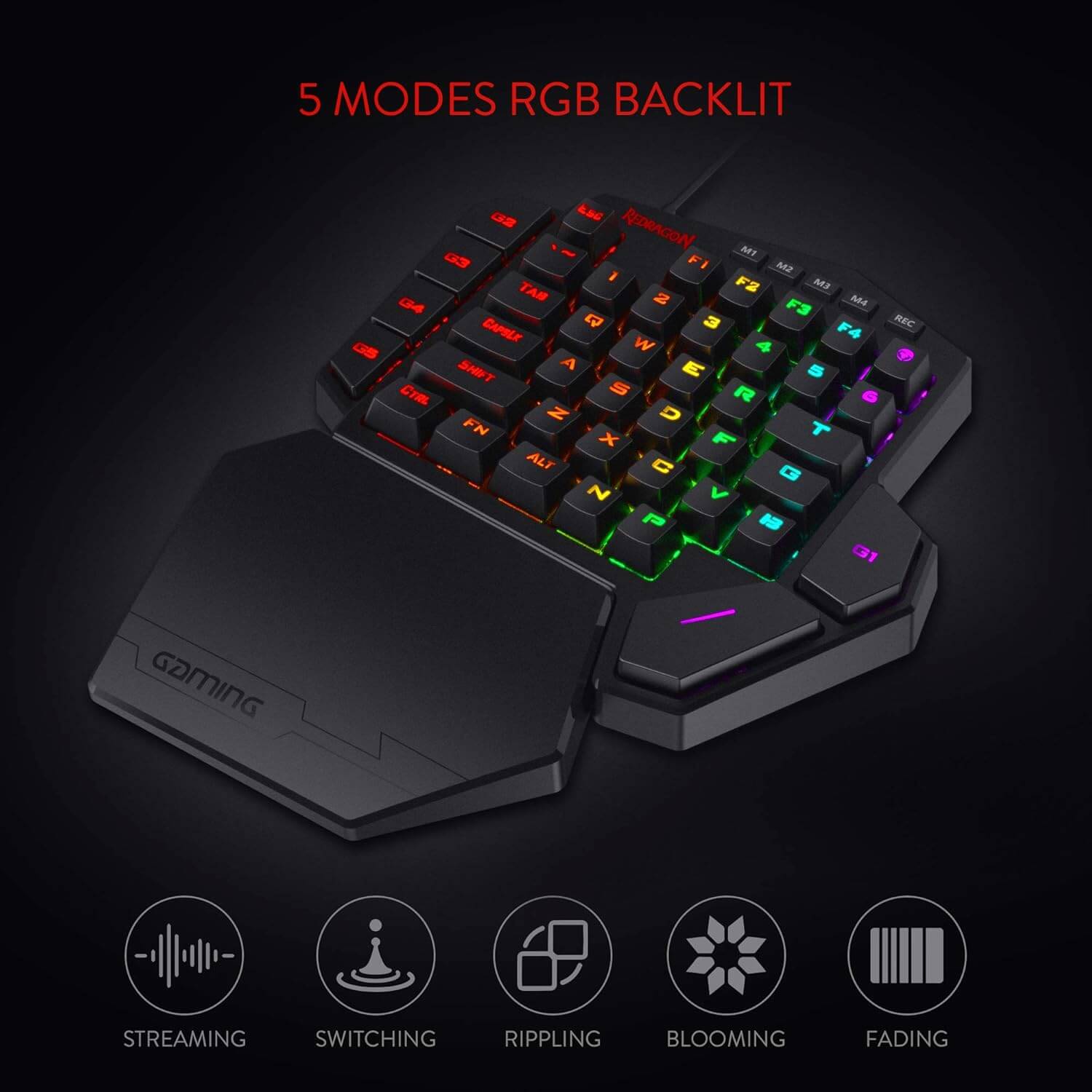 Redragon K585 DITI One-Handed RGB Mechanical Gaming Keyboard, Blue Switches, Type-C Professional Gaming Keypad with 7 Onboard Macro Keys, Detachable Wrist Rest, 42 Keys Redragon
