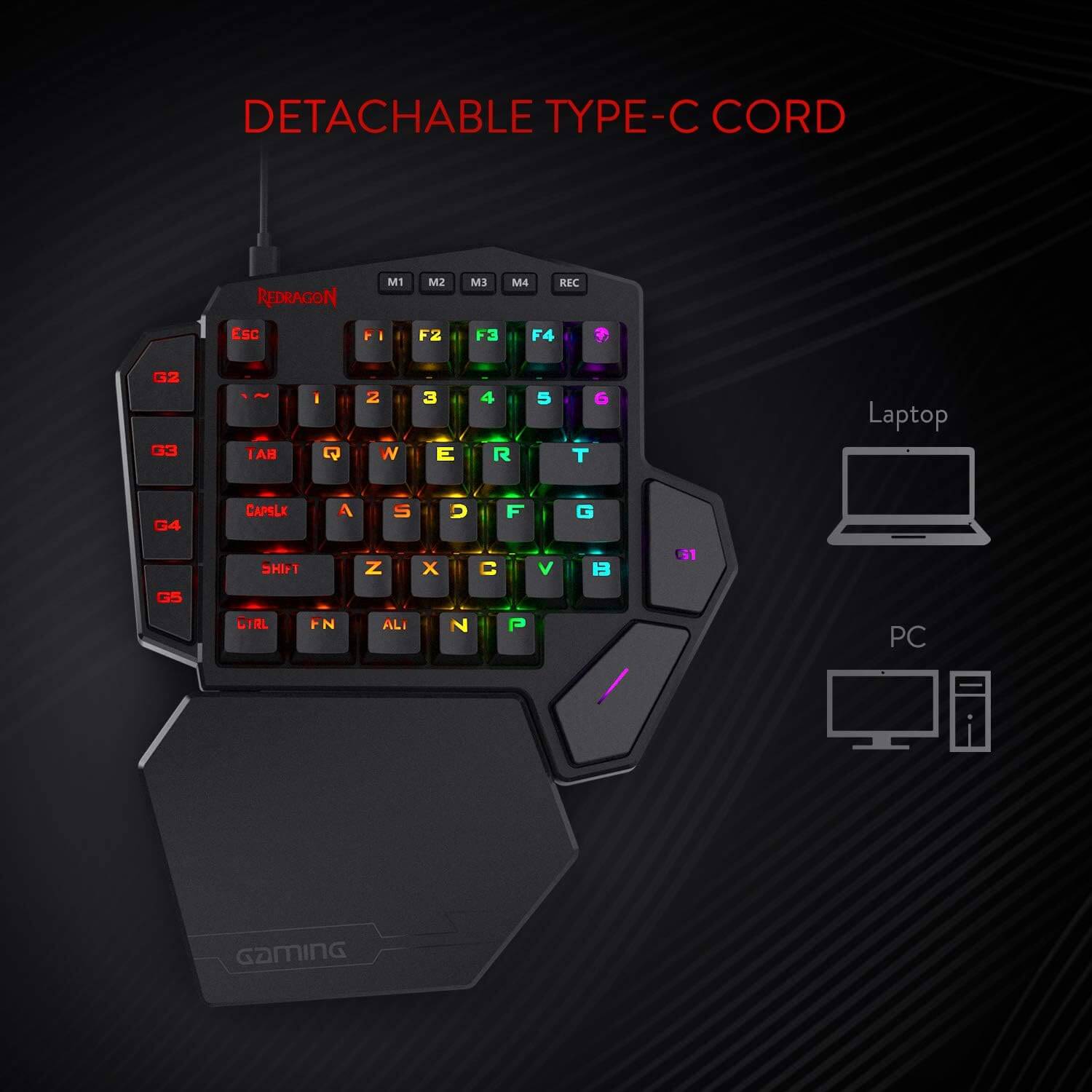 Redragon K585 DITI One-Handed RGB Mechanical Gaming Keyboard, Blue Switches, Type-C Professional Gaming Keypad with 7 Onboard Macro Keys, Detachable Wrist Rest, 42 Keys Redragon