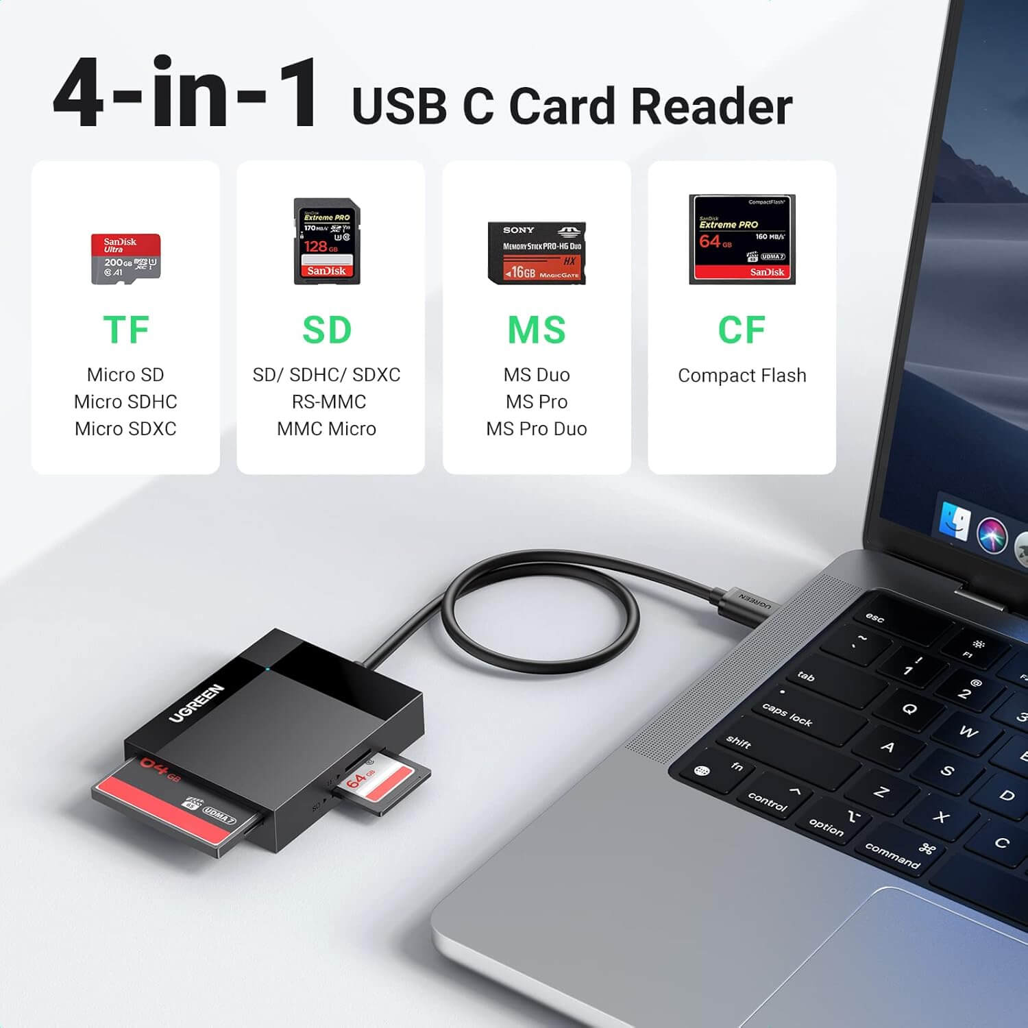 UGREEN USB C SD 4-in-1 External Memory Card Reader for SD Micro SD TF MS Memory Stick CF Compact Flash Camera Adaptor Compatible with iPhone 16/15 Pro Max, MacBook Air, iPad, Galaxy S24