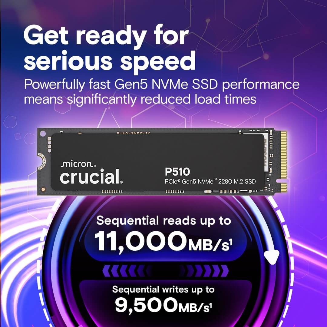 Crucial P510 1TB Gen5 NVMe SSD, Up to 11,000 MB/s, PCIe 5.0 M.2 2280 SSD, Internal Solid State Drive, Compatible with Laptop, Desktop, +Acronis Software - CT1000P510SSD8-01