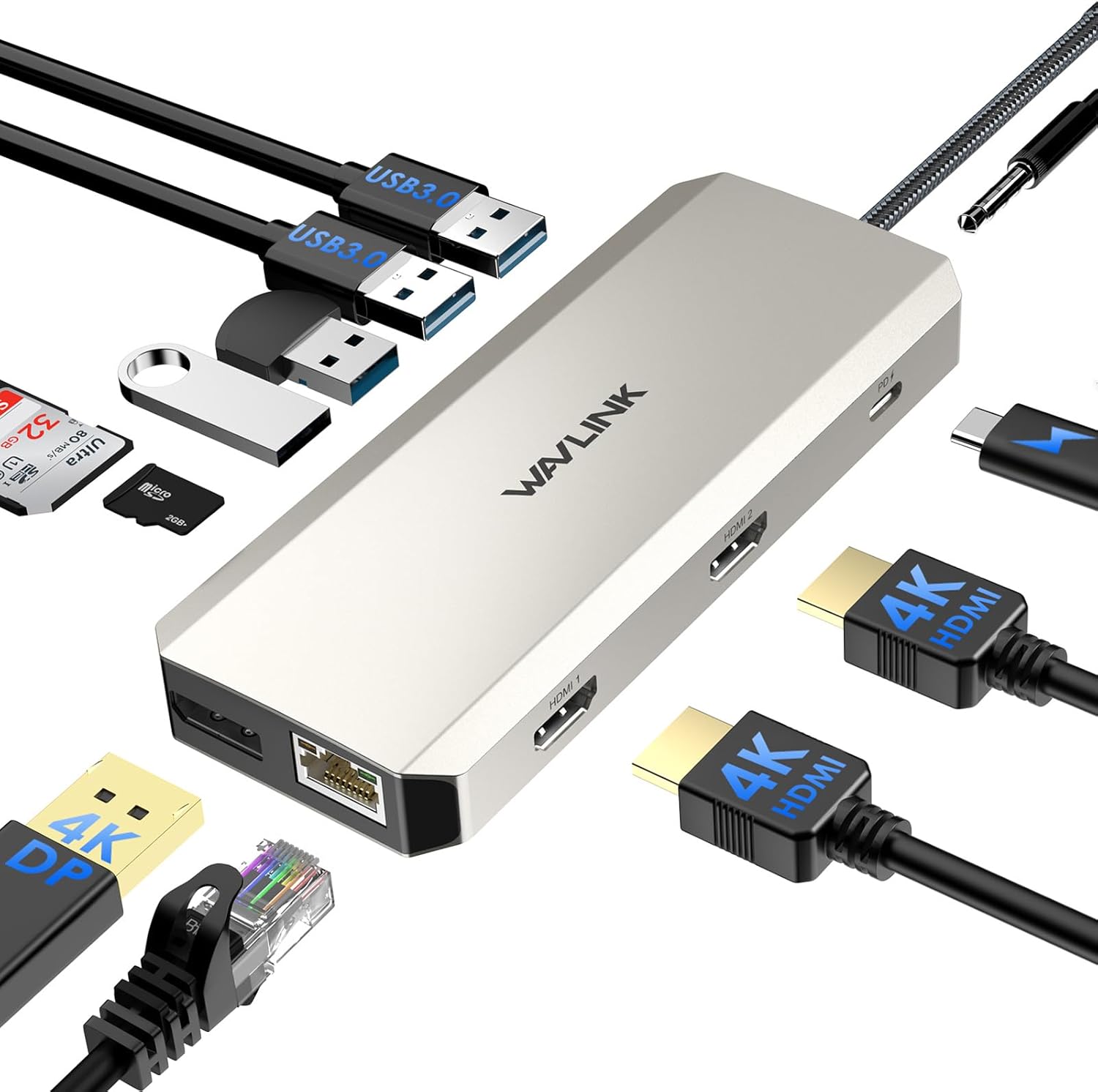 WAVLINK 12-in-1 USB C Docking Station Triple Monitor USB C Hub Dual HDMI Adapter, Type C Multiport Hub Triple Display 4K HDMI DisplayPort, USB 3.0/2.0 Ports, Ethernet, 85W PD, TF/SD Card Reader, Audio