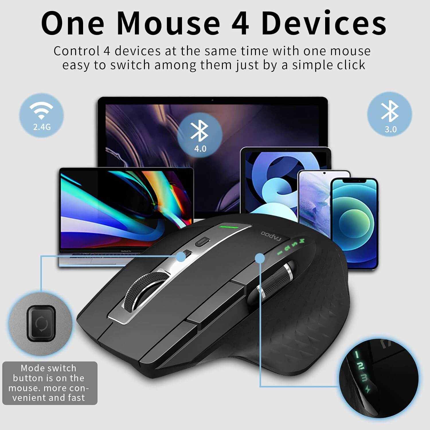 RAPOO MT750 Wireless Mouse Multi-Device (Multi-Mode:BT 5.0/4.0/3.0+2.4Ghz) Laser Mouse, 8 Programmable Buttons, Ergonomic Portable Mouse for Laptop Android Windows Mac OS, Black