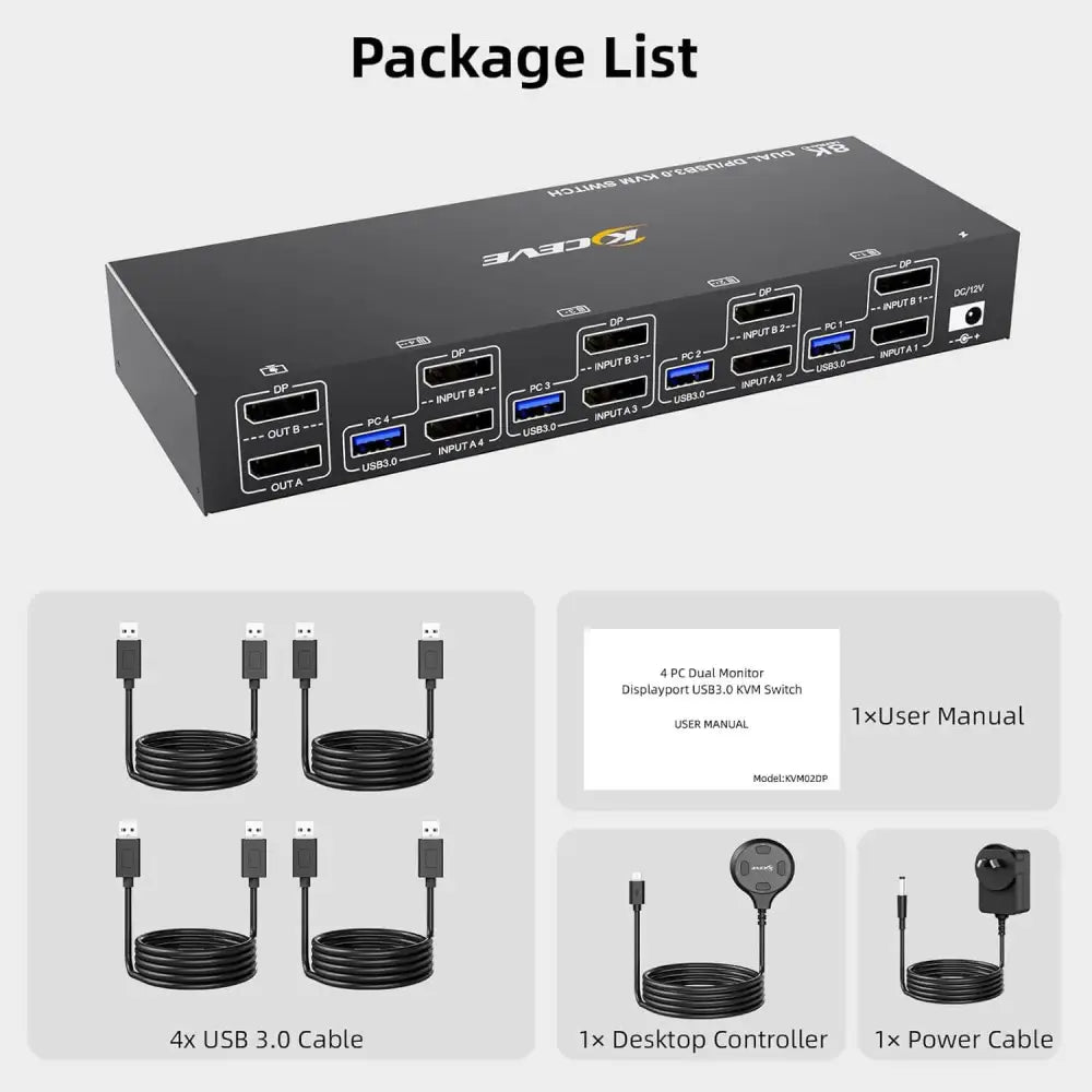8K Dual Monitor Displayport KVM Switch 2 Monitors 4 Computers Port USB 3.0 DP 1.4 Switcher 8K@30Hz/4K@144Hz