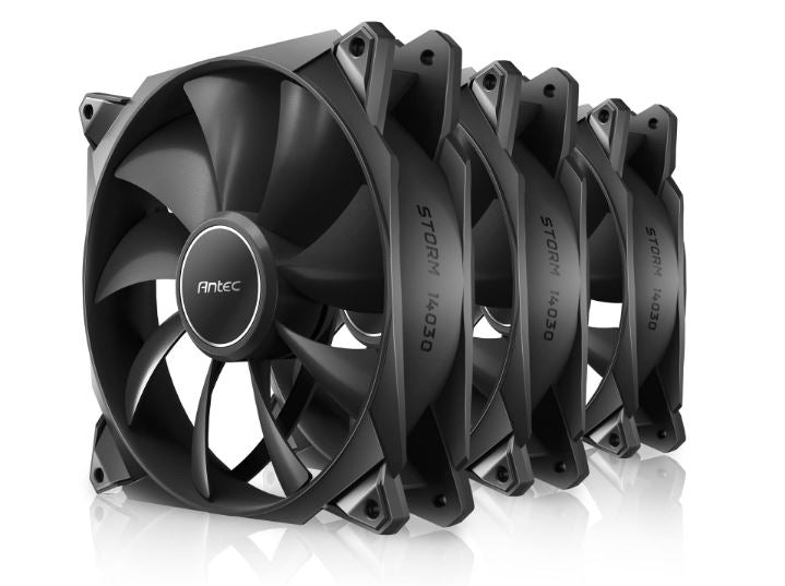 Antec Storm 120mm T3 PWM FDB 3 Pack. High Airflow 80.47 CFM, Air Pressure 2.7, Noise Level 36.99. Woven Cable, PMW Daisy Chain case fan 3 Yrs Warranty