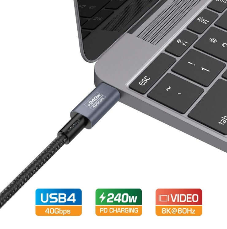 Simplecom CA615 USB-C to USB-C cable connected to a laptop, supporting USB4 40Gbps, 240W PD charging, and 8K@60Hz video.