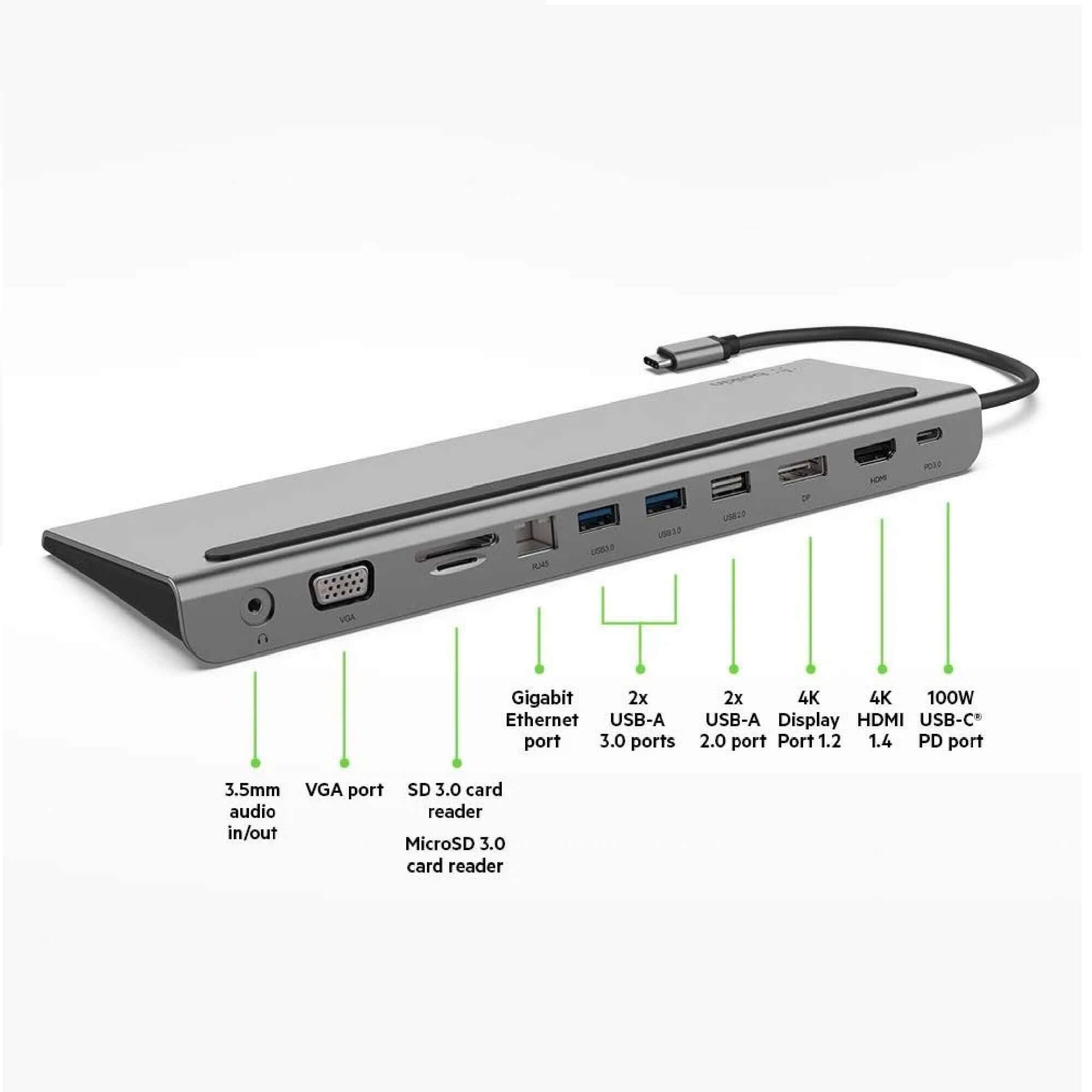 Belkin Connect 11-in-1 USB-C Multiport Dock -(INC004btSGY),100W PD,Triple Display Dock,Ports(4K HDMI,USB-C,USB-A,Audio,MicroSD,GbE ) 5Gbps, Multimedia