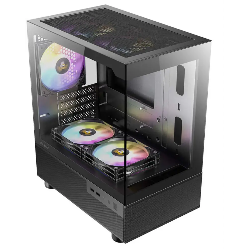 Antec CX200M RGB Elite mATX 270 degrees view USB 3.0 x 2 Audio I/O Bottom. Mesh front and bottom. Clear Glass View 5x