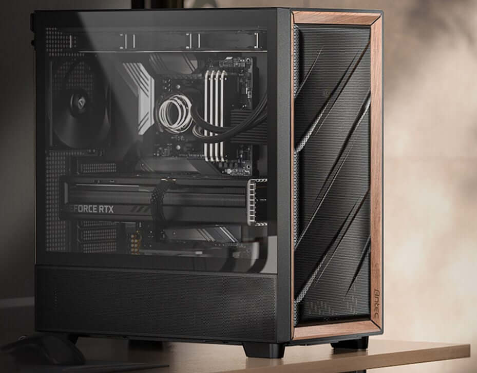 Antec Flux ATX Black Premium Walnut Trim 5x Black PWM Performance Fans. Ultra Cooling Design ARGB Controller Mid Tower
