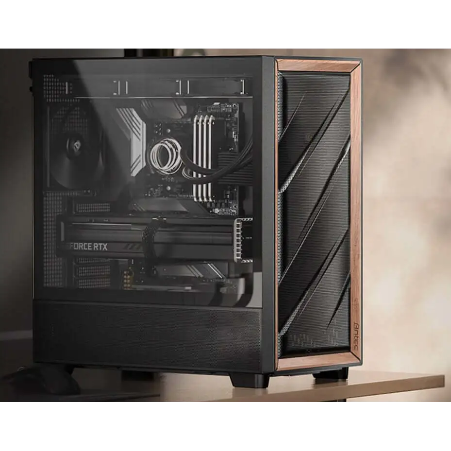 Antec Flux ATX Black Premium Walnut Trim 5x PWM Performance Fans. Ultra Cooling Design ARGB Controller Mid Tower Case