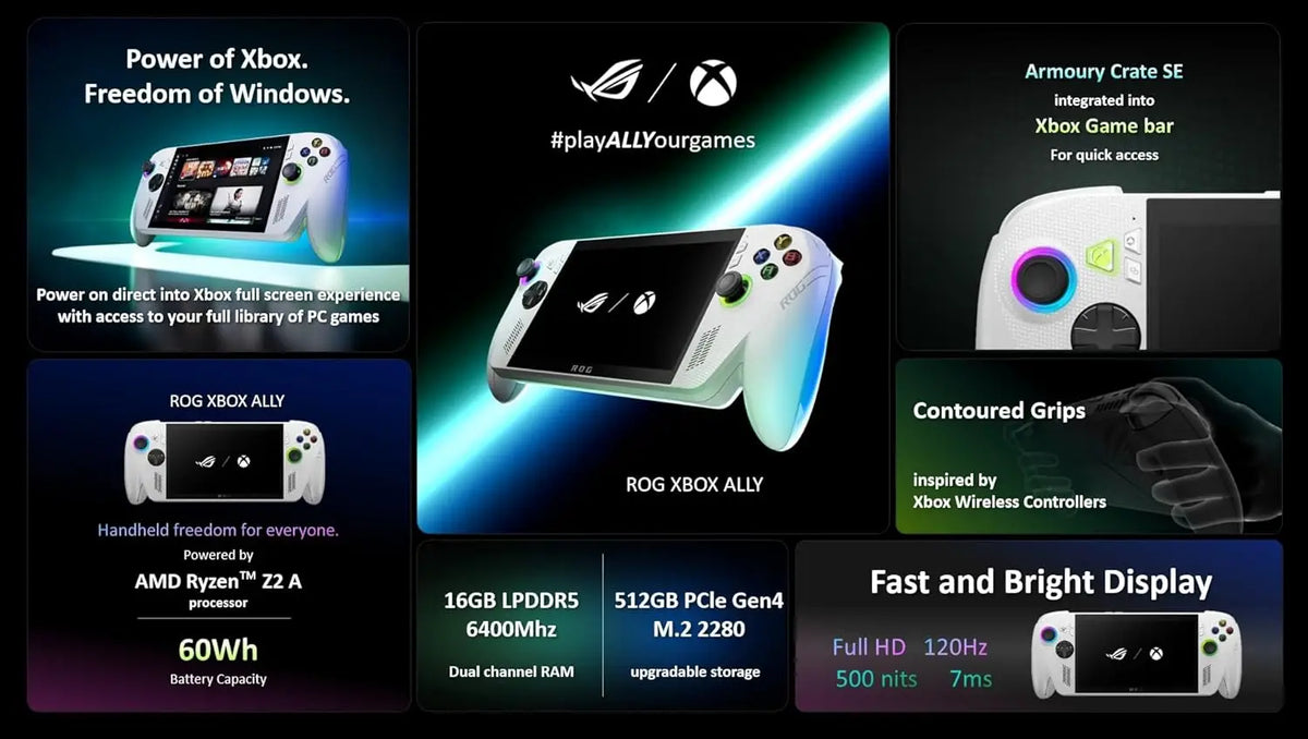 ASUS ROG Xbox Ally. 7’’ FHD Touch Display. AMD Ryzen Z2 A Processor 2.8GHz (up to 3.8 GHz). Radeon Graphics. LPDDR5