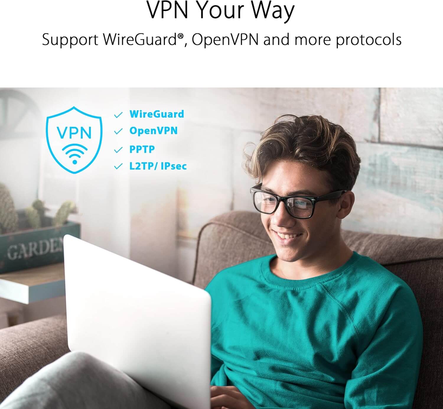 Person using a laptop with VPN options, showcasing WireGuard, OpenVPN, and more protocols for secure browsing.