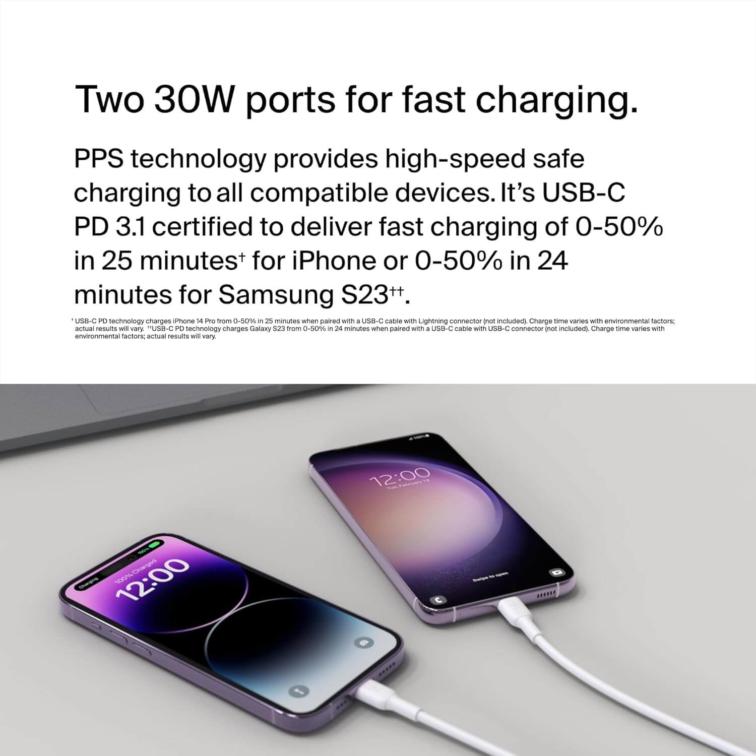 Two smartphones charging via USB-C ports, showcasing fast charging technology and PPS capabilities.