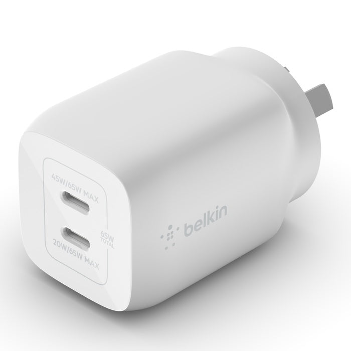 Belkin BoostCharge Pro 65W USB-C PD 3.0 PPS Dual GaN Wall Charger - White (WCH013auWH) Compact Travel-Ready 2 Years