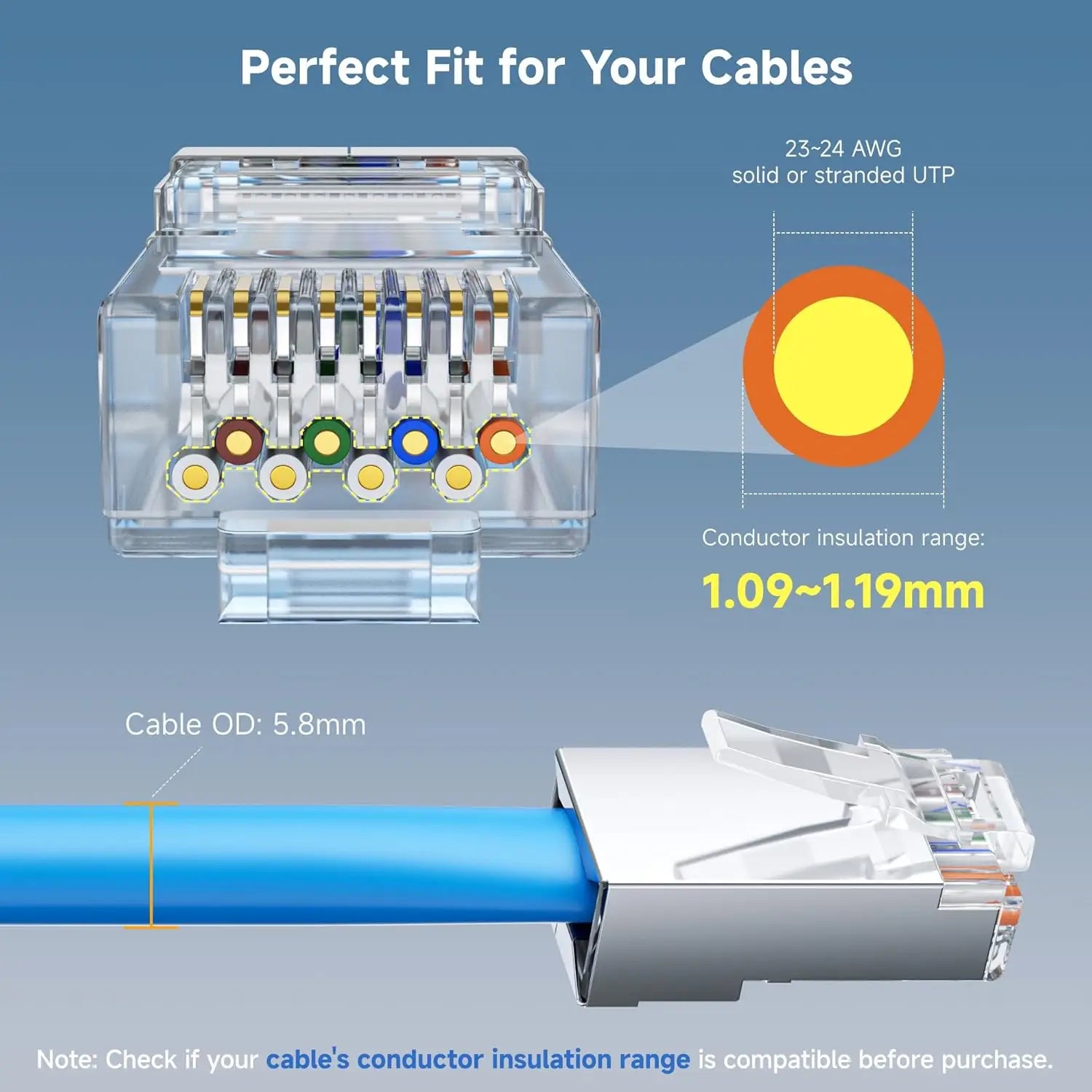 Cable Matters 100-Pack Cat 6A Shielded Pass Through RJ45 Connectors 50µ Gold Plated Max. Wire OD 1.19mm (Cat6A