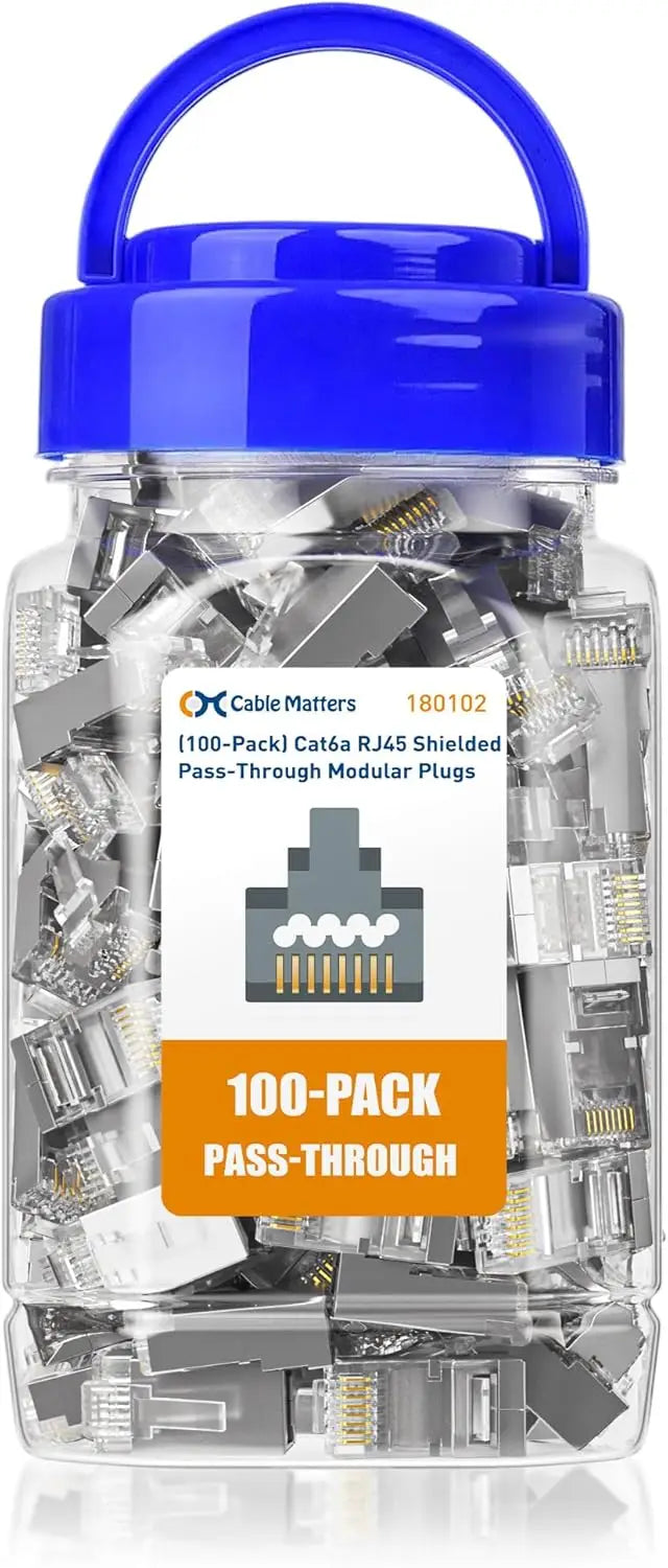 Cable Matters 100-Pack Cat 6A Shielded Pass Through RJ45 Connectors 50µ Gold Plated Max. Wire OD 1.19mm (Cat6A