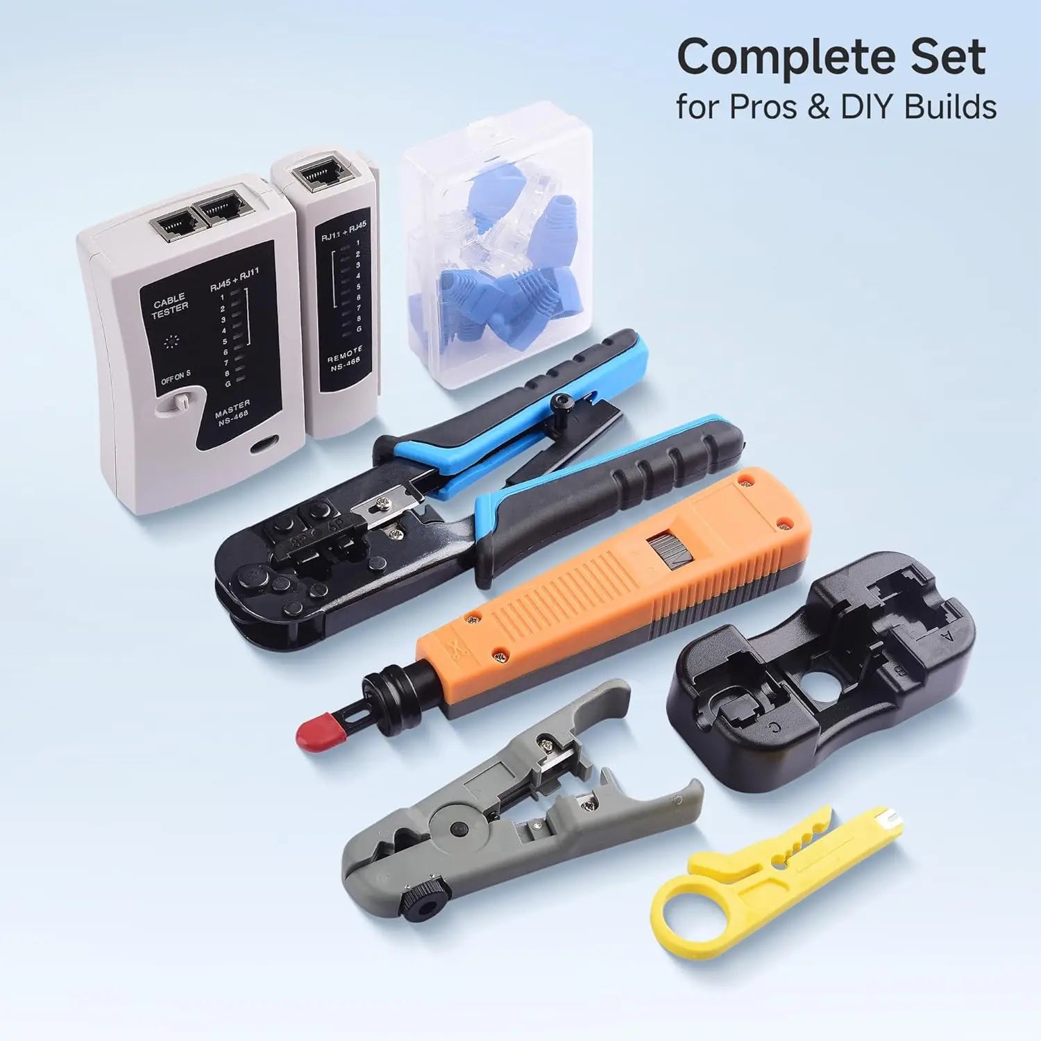 Cable Matters 7-in-1 Network Tool Kit with RJ45 Ethernet Crimping Punch Down Stand Tester Connectors Boots and Wire