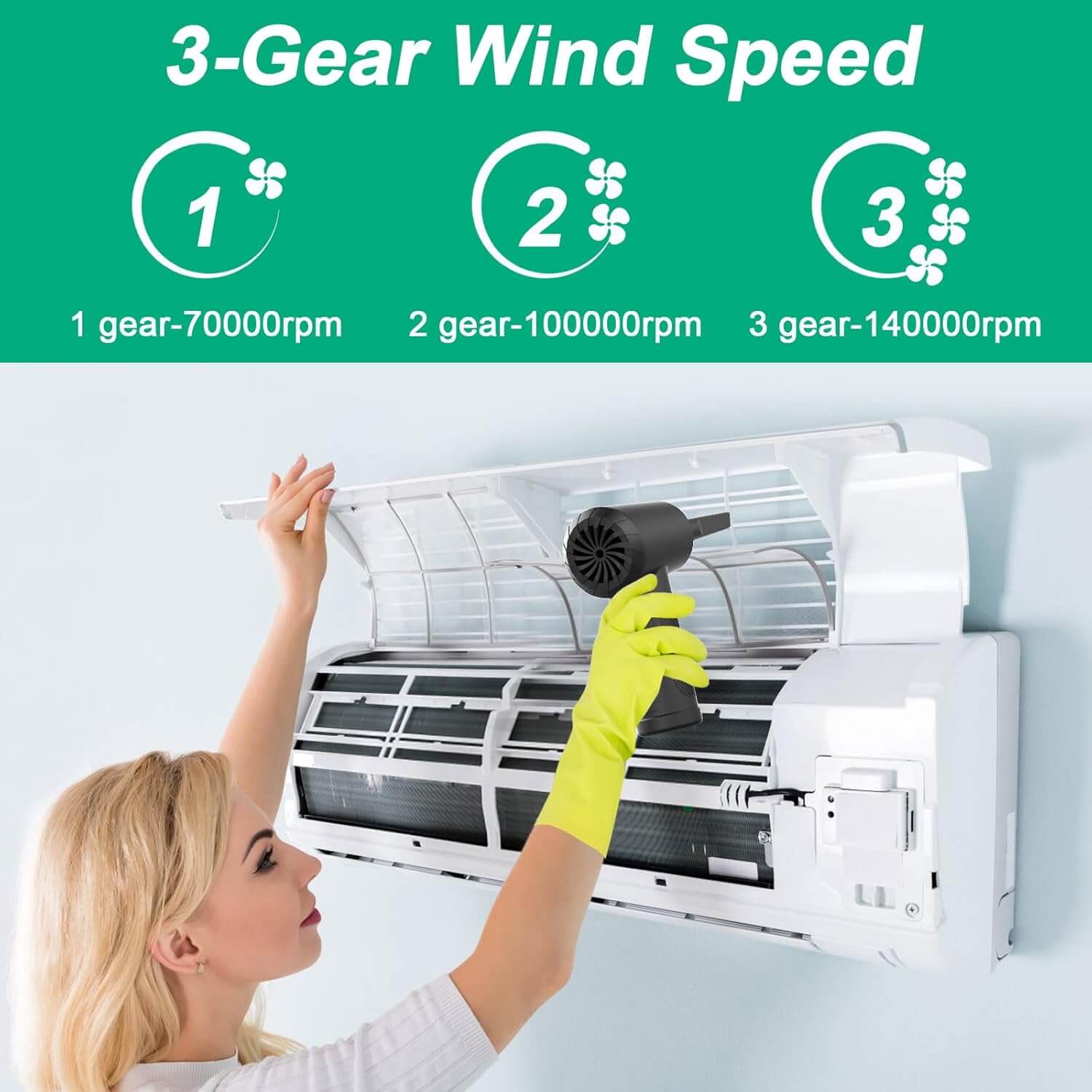 User operating a 3-gear air duster with wind speed settings: 70000, 100000, and 140000 RPM for efficient cleaning.