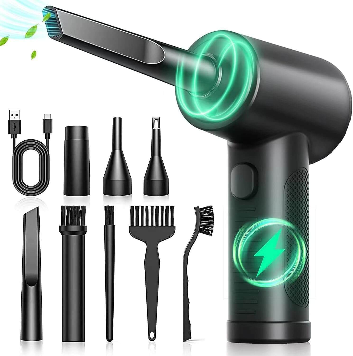 Portable compressed air duster with multiple nozzles and USB charger, ideal for deep cleaning and dust removal.
