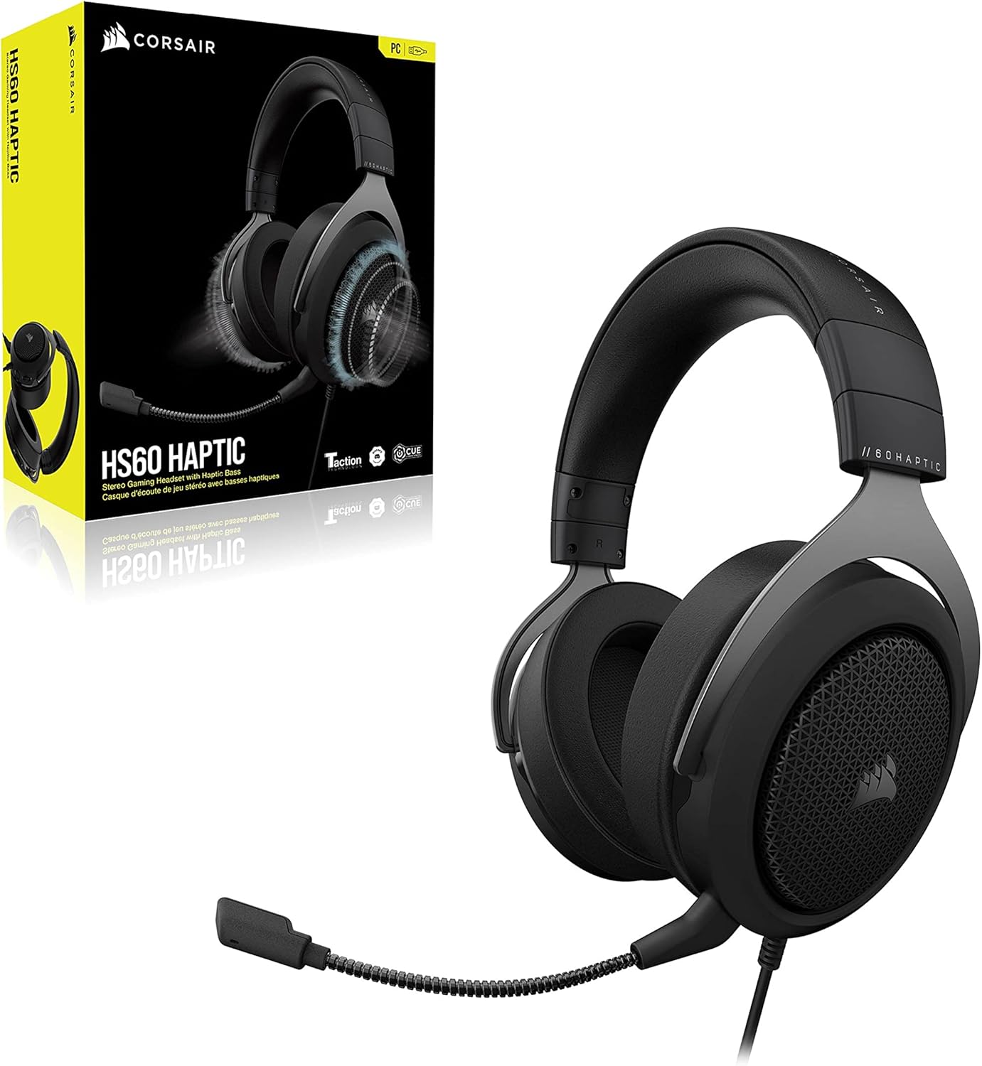 CORSAIR HS60 HAPTIC Stereo Gaming Headset with Haptic Bass (Haptic Powered by Taction Technology Plush Memory Foam Ear