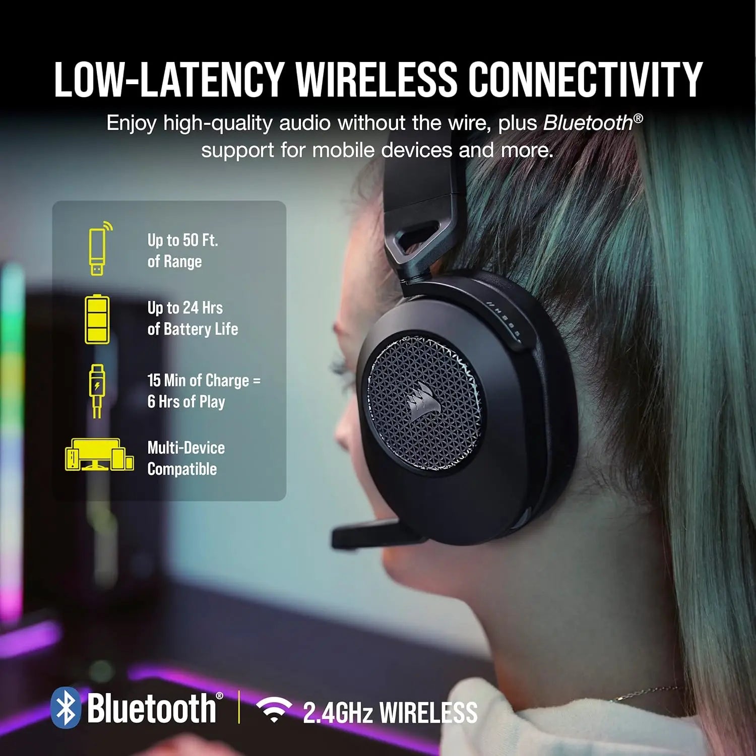 CORSAIR HS65 Wireless Multiplatform Gaming Headset with Bluetooth - Dolby Audio 7.1 - Omni-Directional Microphone