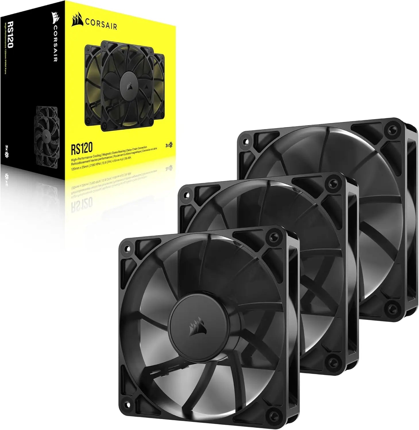 CORSAIR RS120 120mm PWM Fans – Daisy-Chain Connection Low-Noise Magnetic Dome Bearing Triple Pack Black