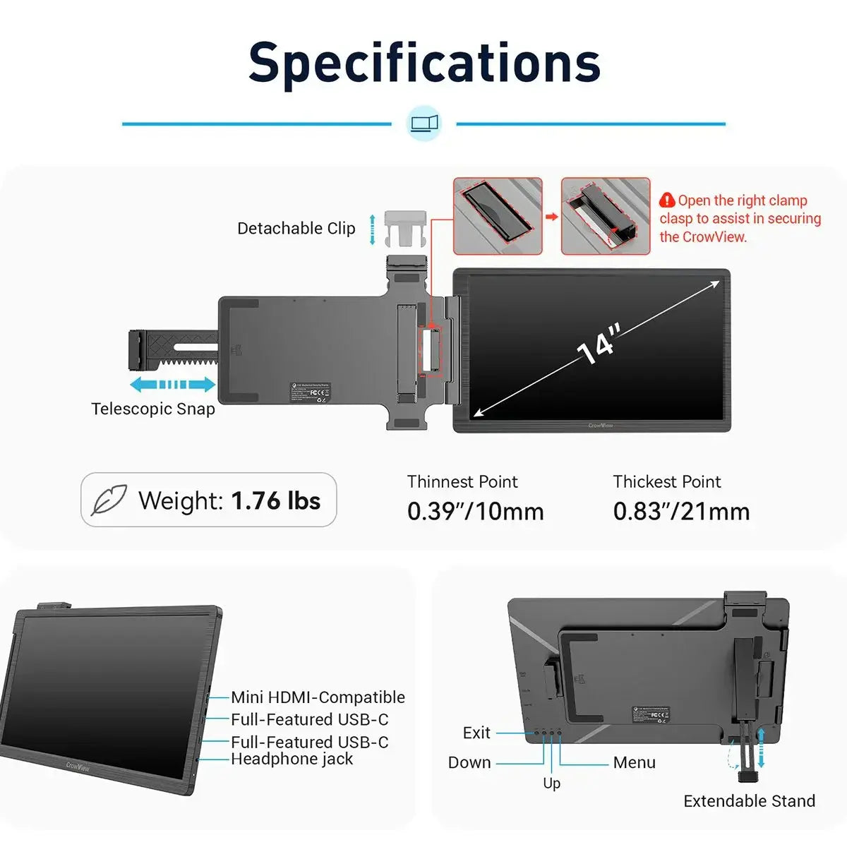 CrowView- Ultimate 14inch Portable Ultralight Dual Monitor support multiple system and 13’’- 16.5 ’’laptops with FCC/CE