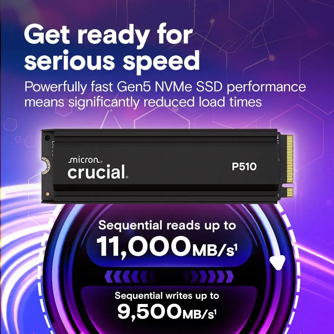 Crucial P510 1TB Gen5 NVMe SSD with Heatsink Up to 11,000 MB/s PCIe 5.0 M.2 2280 Internal Solid State Drive Compatible