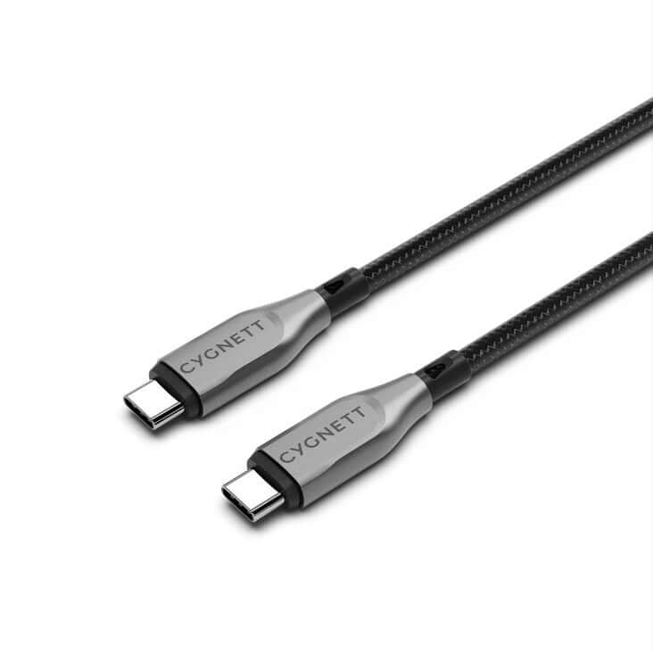 Cygnett Armoured USB-C to USB-C cable, 1M, braided, fast charge, 5A/100W, ideal for laptops and devices.