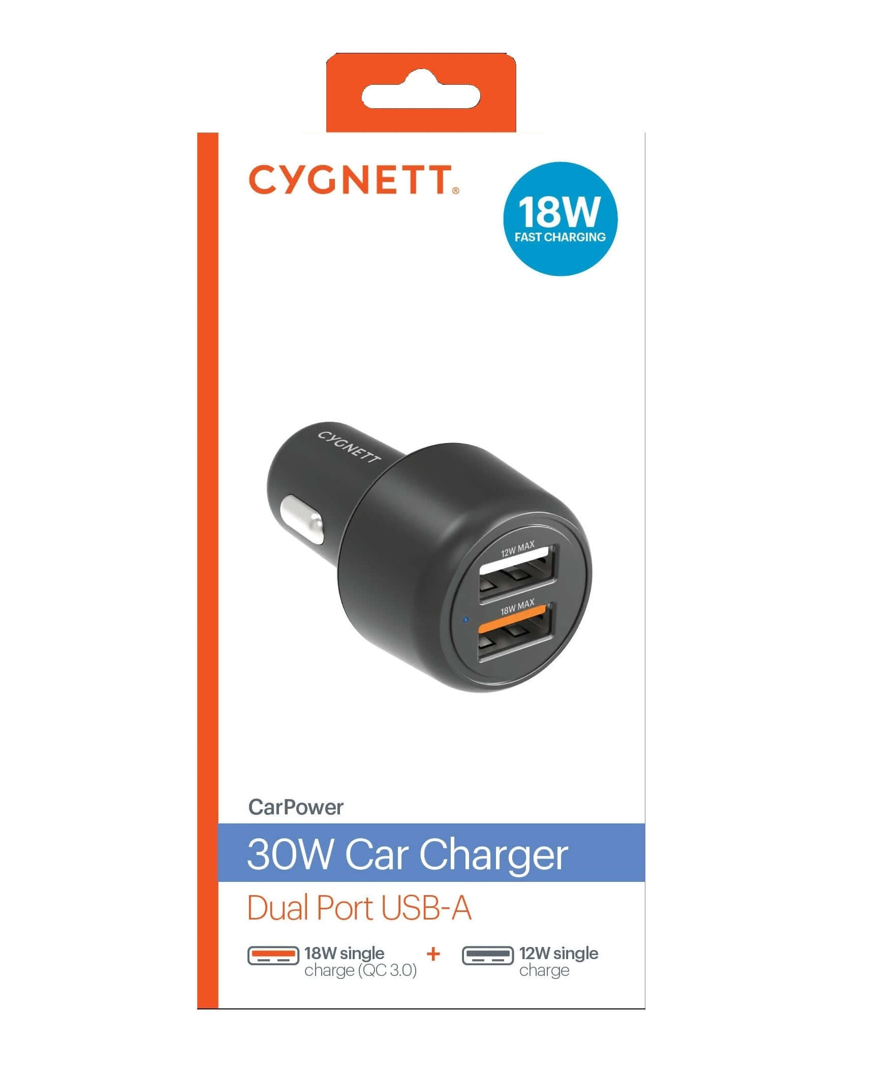 Cygnett CarPower 30W Dual Port USB-A Car Charger with fast charging, features 18W & 12W outputs for two devices.