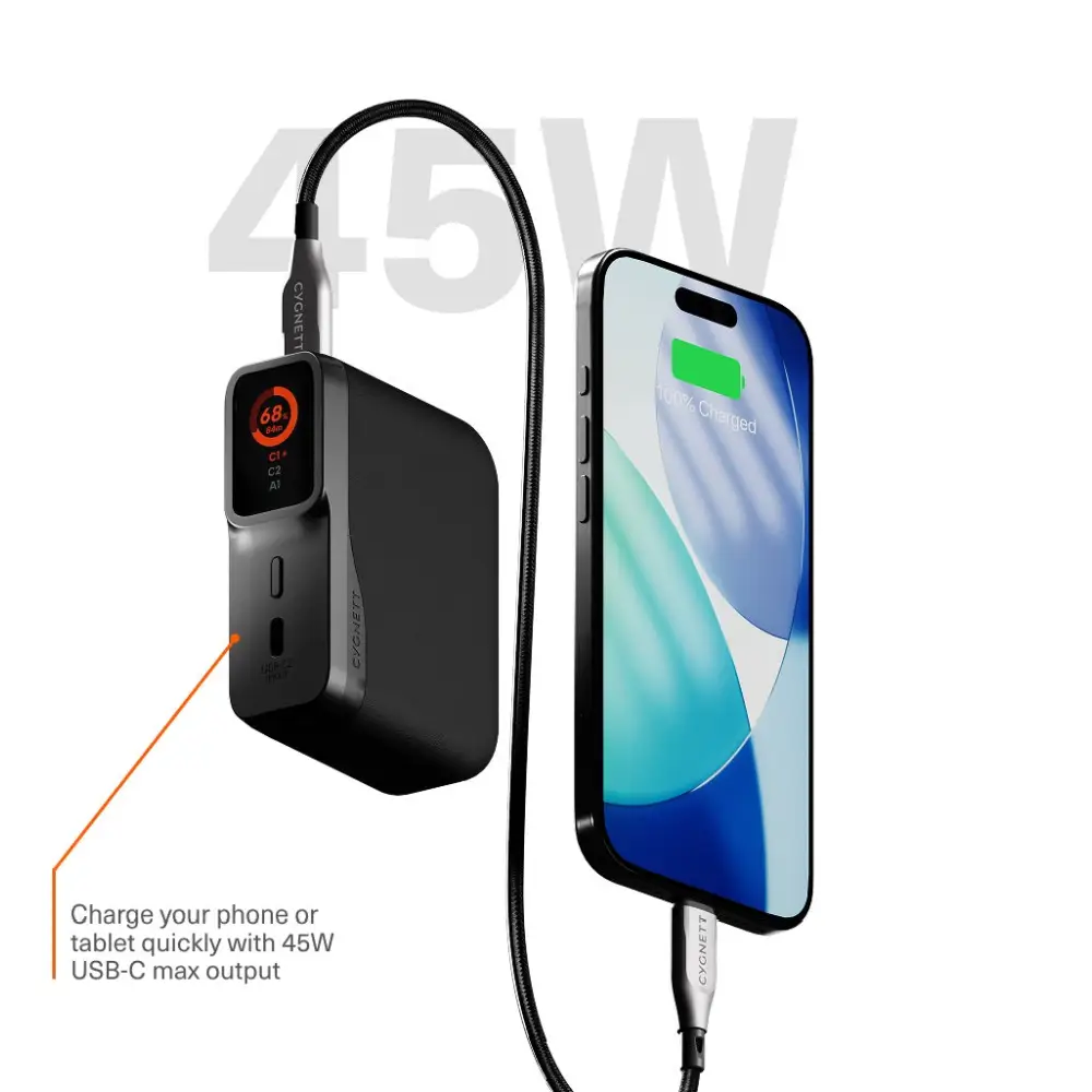 Cygnett Encore 10k mAh Bank - Graphite(CY5630PBCHE) 45W 2x USB-C PD 1x USB-A Ports LED Display,Fast Charge,3x Device