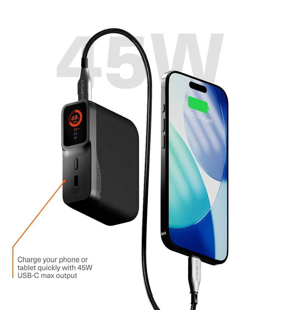 Cygnett Encore 10k mAh Power Bank - Graphite(CY5630PBCHE) 45W 2x USB-C PD 1x USB-A Ports LED Display,Fast Charge,3x