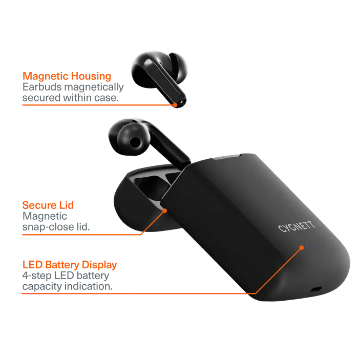 Cygnett FreePlay Solar Charging True Wireless Earbuds - Black (CY4969SOEAR) - Bluetooth 5.3 TWS 10 Meter 5 hours,Touch