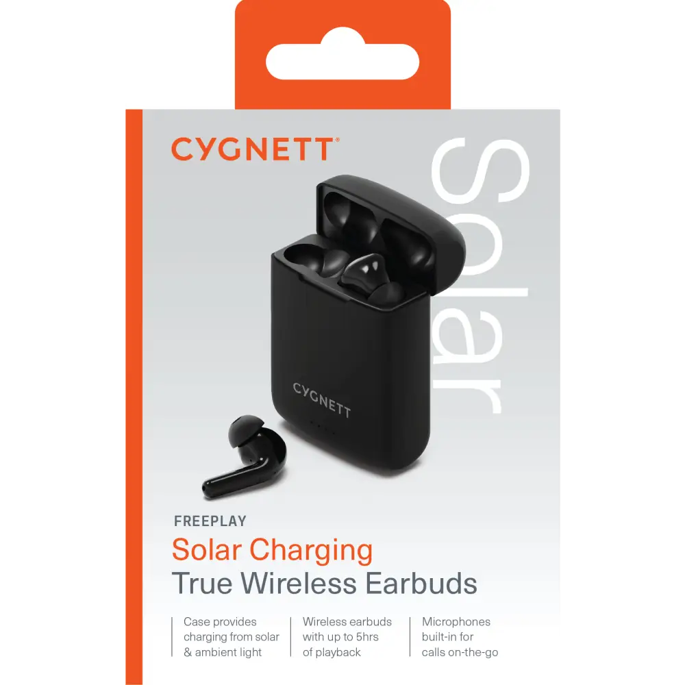Cygnett FreePlay Solar Charging True Wireless Earbuds - Black (CY4969SOEAR) - Bluetooth 5.3 TWS 10 Meter 5 hours,Touch