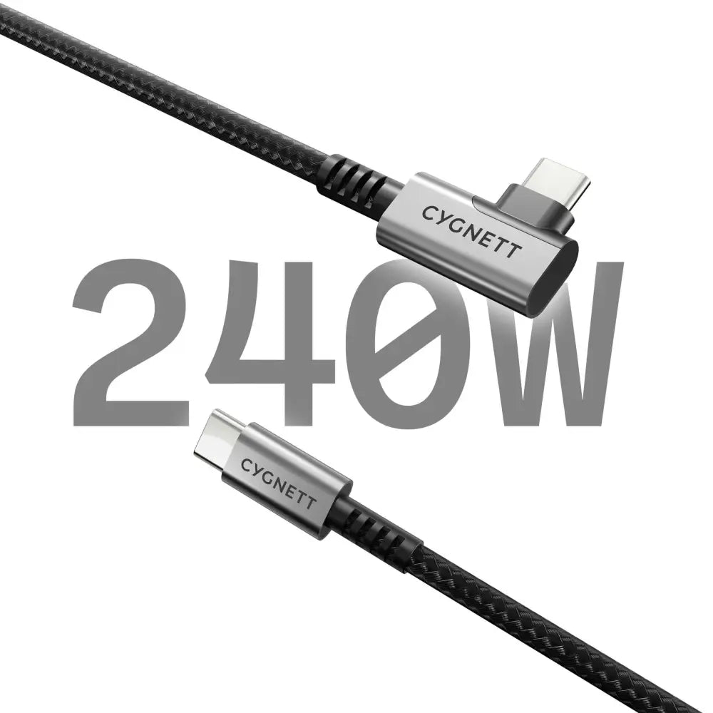 Cygnett Unite Right-Angle USB-C to (3.1) Cable (1M) - Black (CY5104PCTYC) 240W Double Braided 10Gbps Transfer Fast