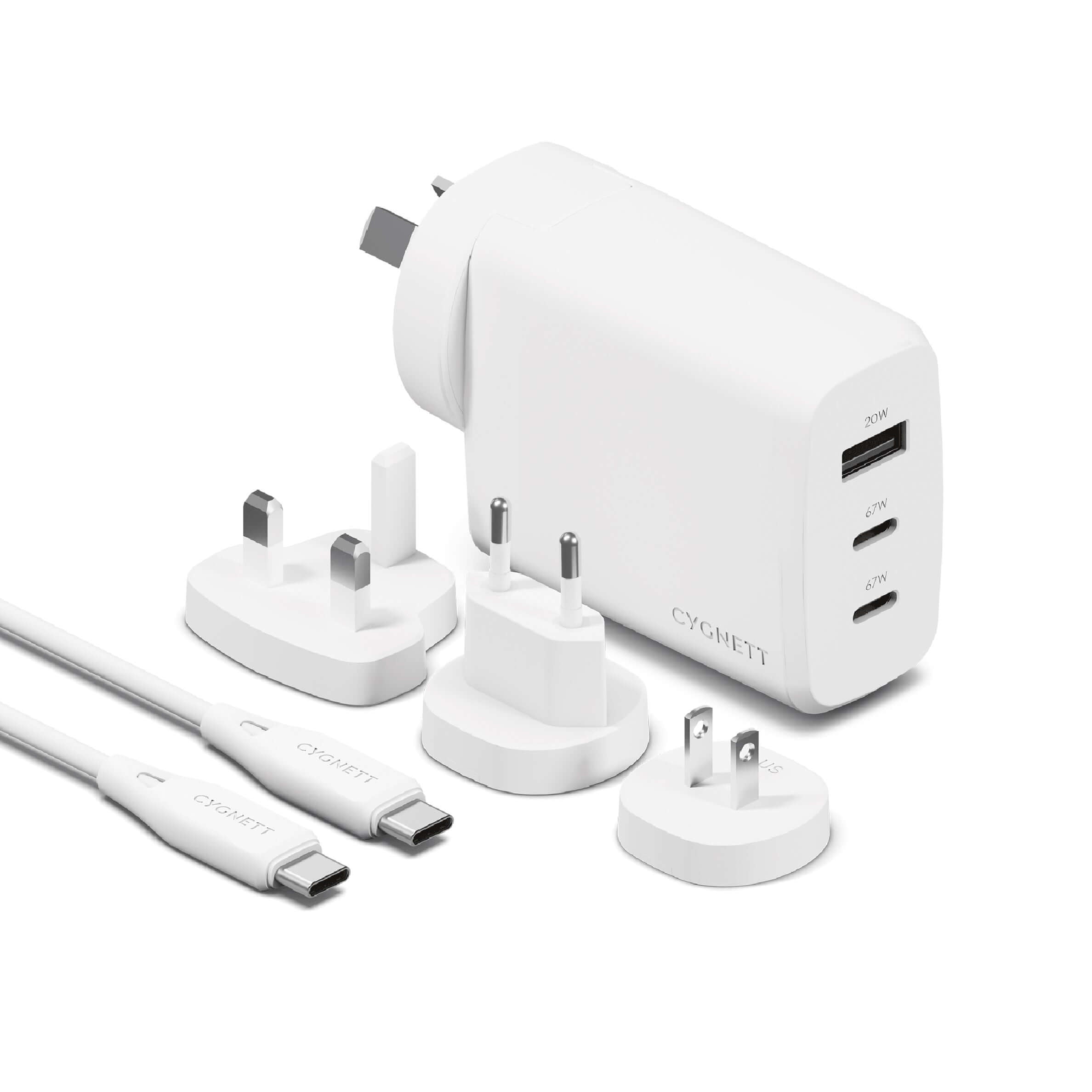 Cygnett Voyager 67W Multi-Port GaN Travel Wall Charger with interchangeable plugs and USB-C cable.