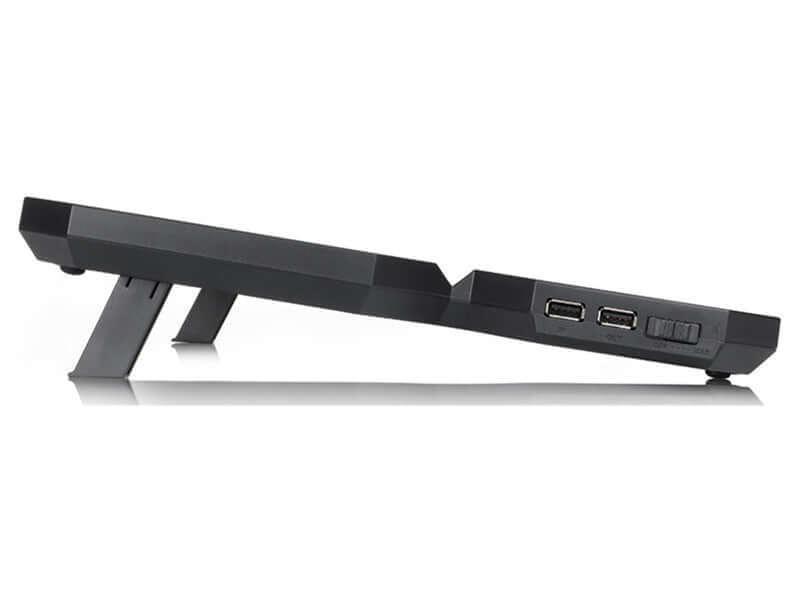 Deepcool Multi Core X6 laptop cooler side view with USB ports and adjustable stand.