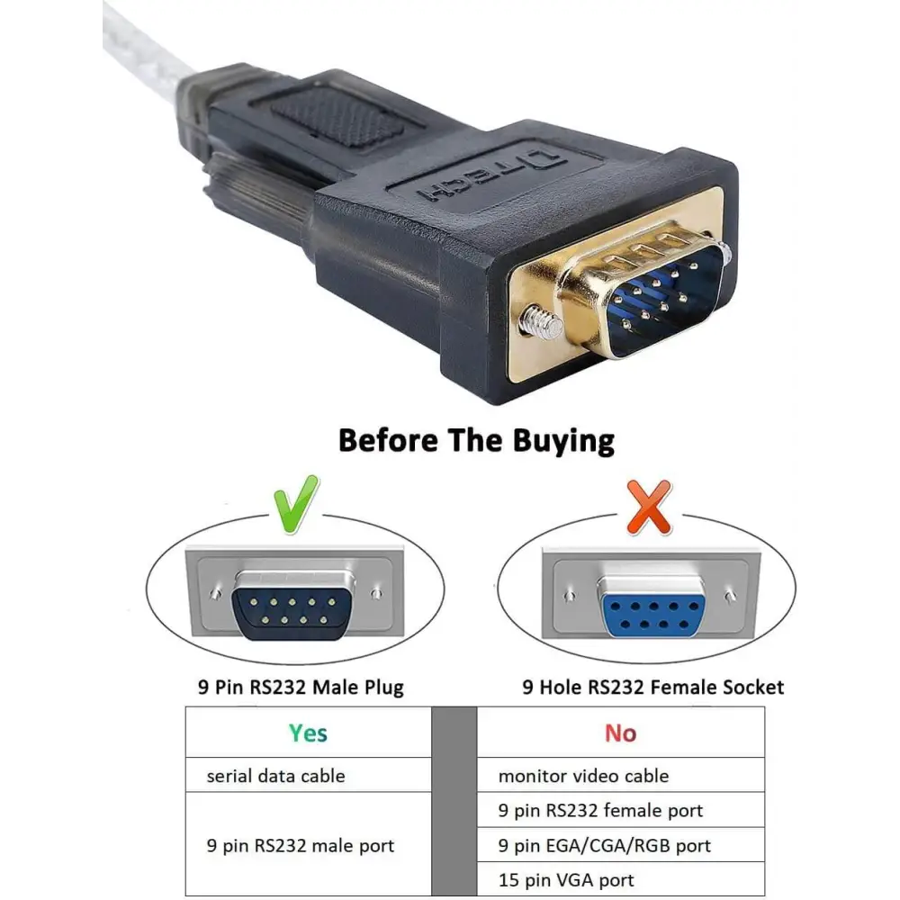 DTECH USB 2.0 to RS232 DB9 Male Serial Adapter Cable 1.8m Supports Windows 10 8 7 Mac Linux 6 ft (USB-A (Male / Male))