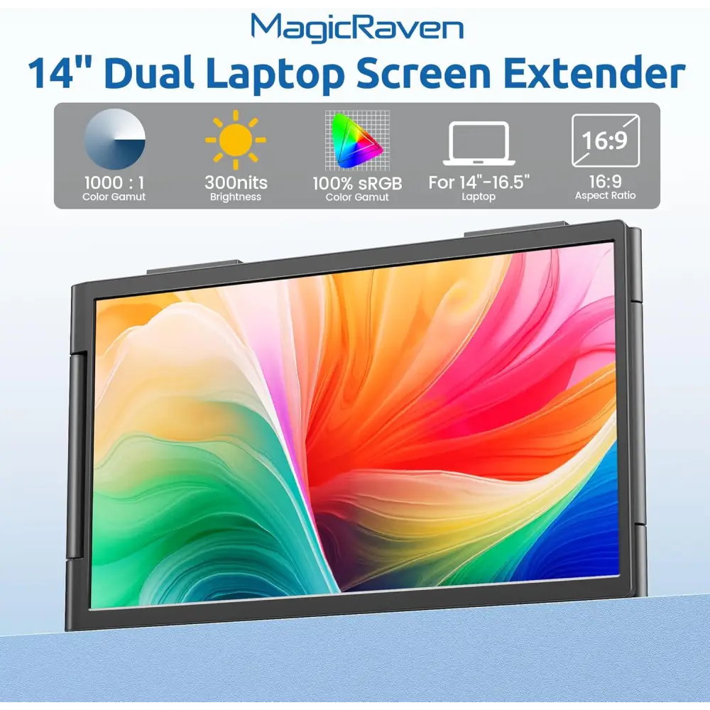 Dual Laptop Screen Extender 14’’ 1080P Triple Portable Monitor Type-C (No HDMI) Plug and Play for 14”-16.5” Laptops