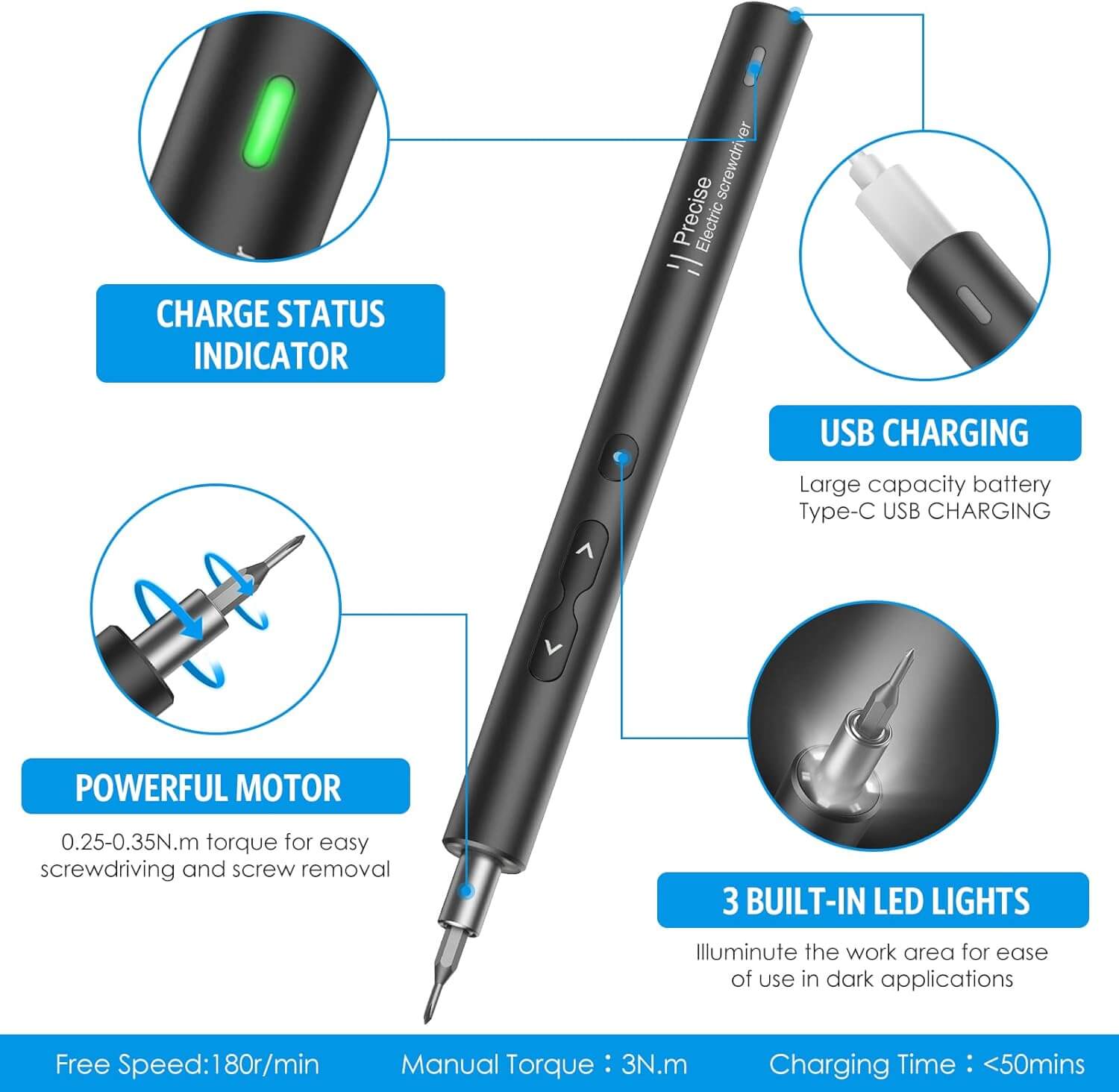 Electric screwdriver features: charge indicator, USB charging, powerful motor, and built-in LED lights for precision work.